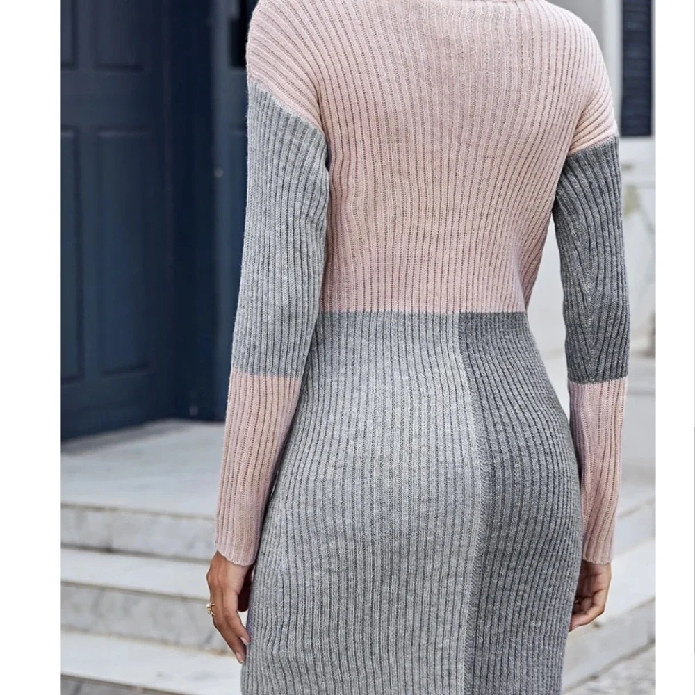 High Neck Color Block‎ Sweater Dress